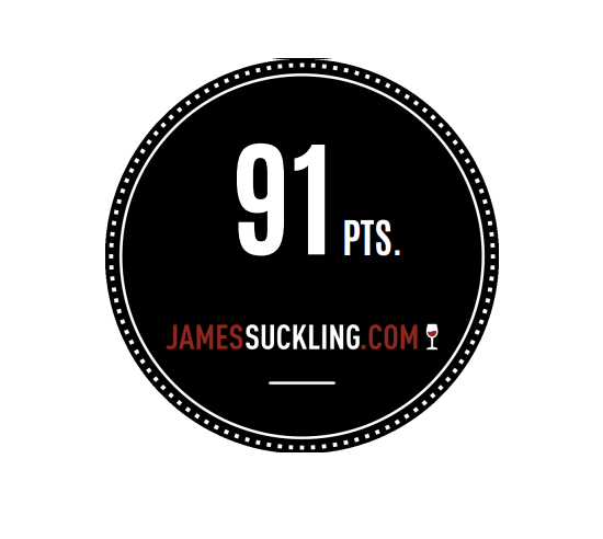 Black circle with border with 91 points and JamesSuckling.com in the center